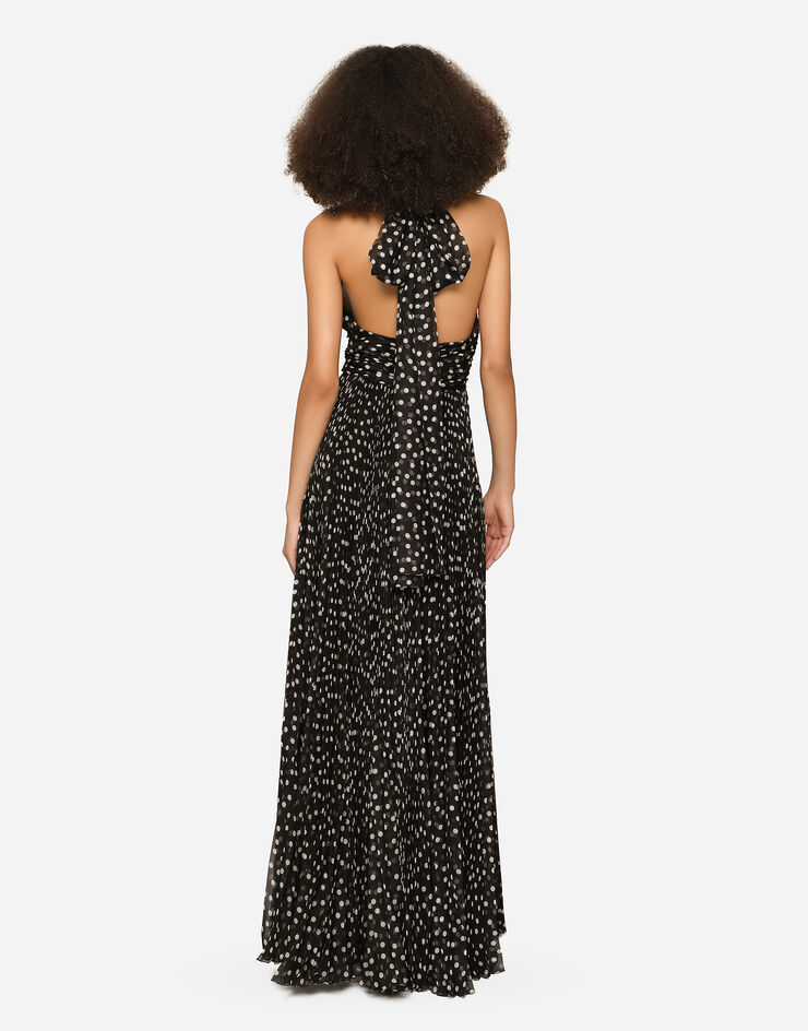 Dolce & Gabbana Long dress in polka-dot print chiffon Black F6J7XTFSMQ7