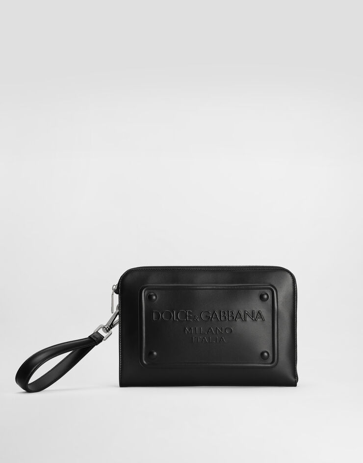 Dolce & Gabbana Cartera de mano pequeña en piel de becerro con logotipo en relieve Noir BM1751AG218