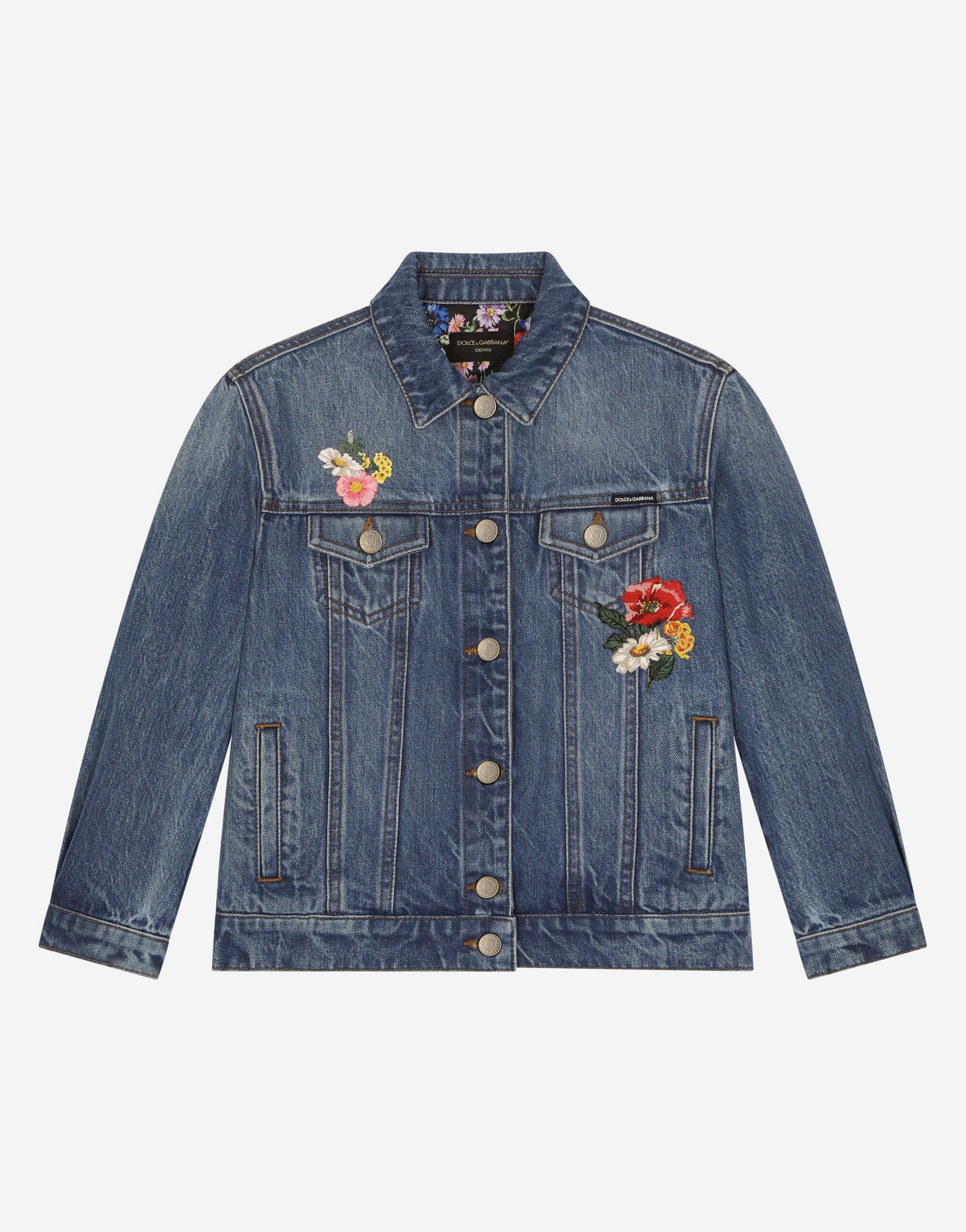 Dolce & Gabbana Blouson en denim stretch avec broderies Imprimé L5JC13ISMGV