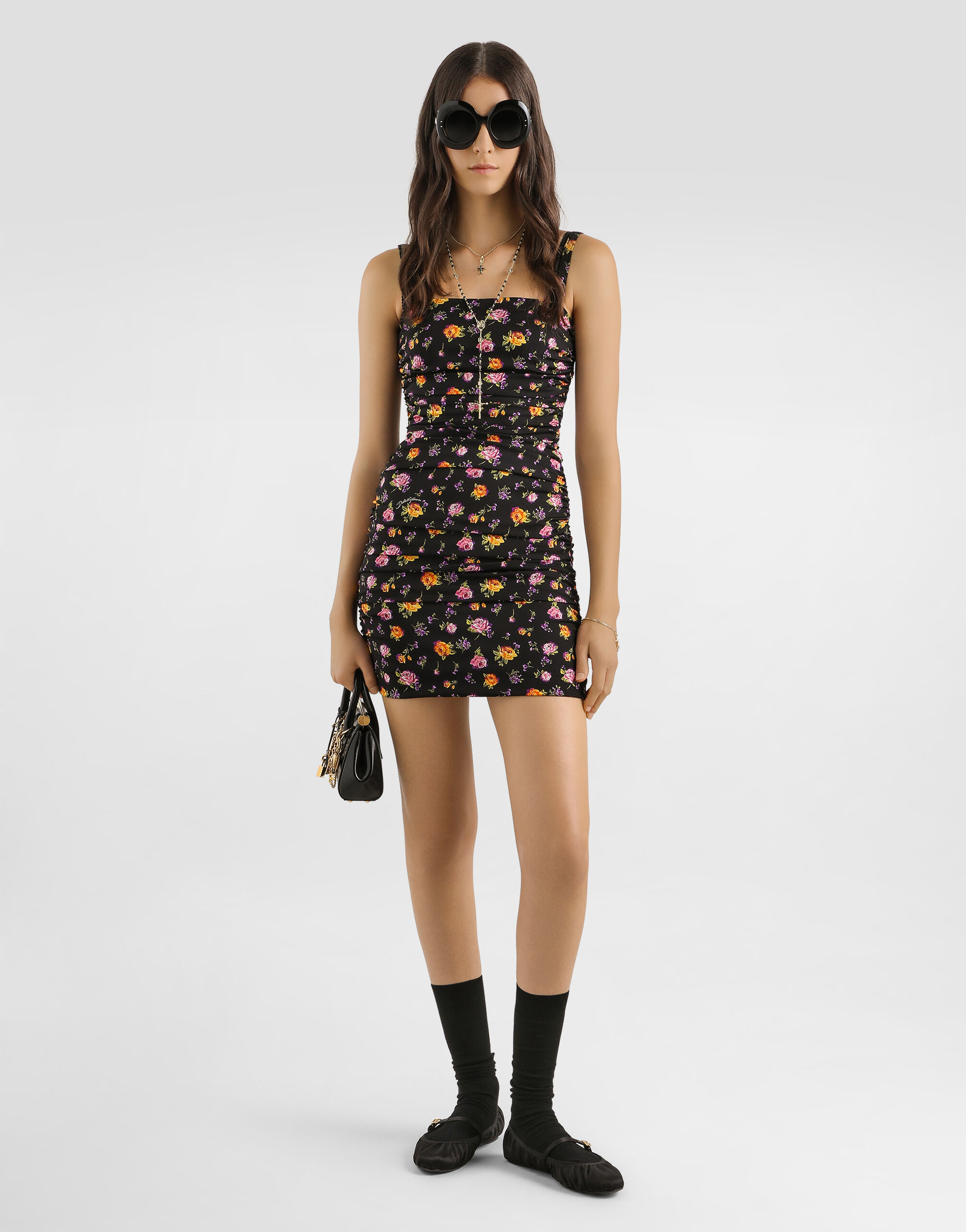 Small rose bouquets-print draped charmeuse dress in Multicolor for