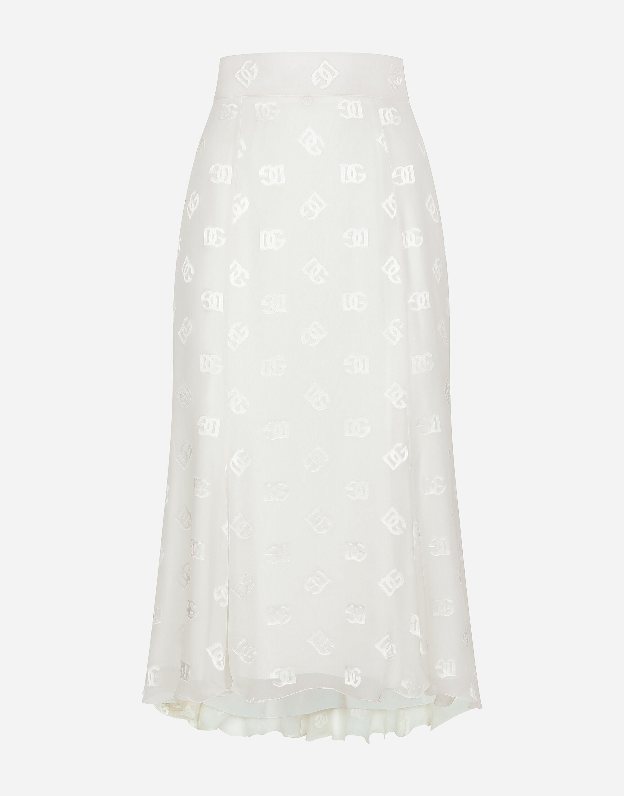 Dolce & Gabbana Dévoré satin godet skirt with DG logo Silver F4CE3TFLSA8