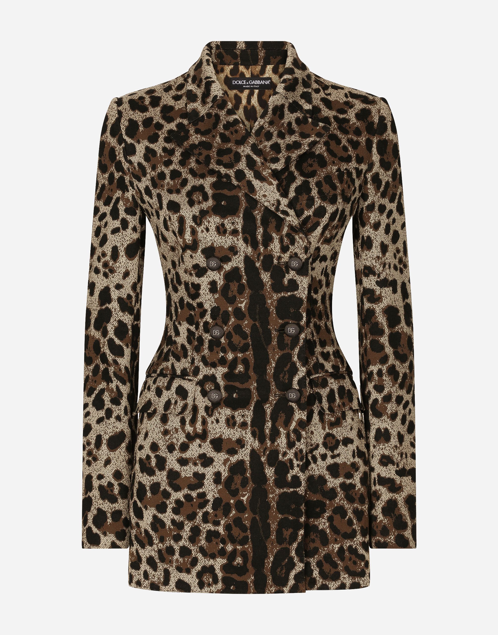 Dolce&Gabbana Zweireihige Turlington-Jacke aus Wolljacquard mit Leomuster Animal-Print F9R11THSMW8