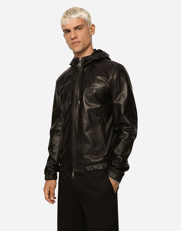 Dolce & Gabbana Leather jacket with hood and branded tag Black G9ZY6LHULR0