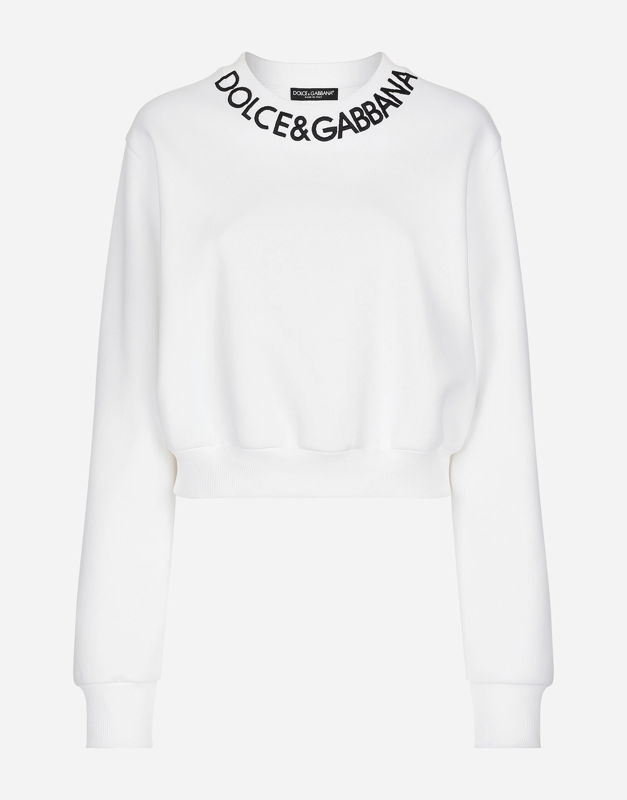 Dolce & Gabbana 徽标刺绣衣领平纹针织短款卫衣 白 F8T00ZGDCBT