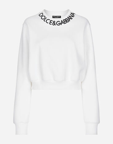 Dolce & Gabbana Kurzes Sweatshirt aus Jersey mit Logostickerei am Kragen Schwarz FXE03TJBMQ3