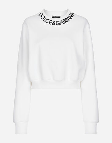 Dolce & Gabbana Cropped jersey sweatshirt with logo embroidery on neck White F8T00ZGDCBT