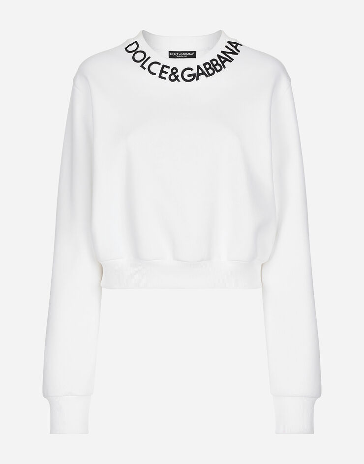 Dolce&Gabbana Kurzes Sweatshirt aus Jersey mit Logostickerei am Kragen Weiss F9P35ZGDB4A