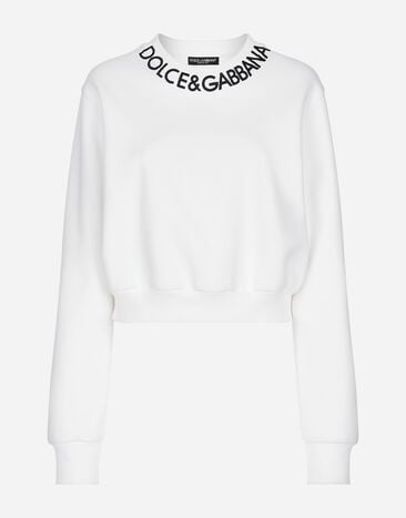 Dolce & Gabbana 로고 자수 네크라인 크롭 저지 스웨트셔츠 화이트 F8T00ZGDCBT