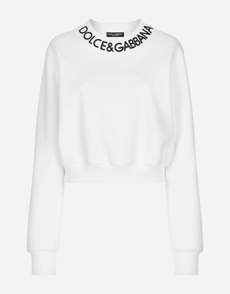 Dolce&Gabbana سويت شيرت جيرسي كروب بتطريز شعار على الياقة أبيض F9P35ZGDB4A