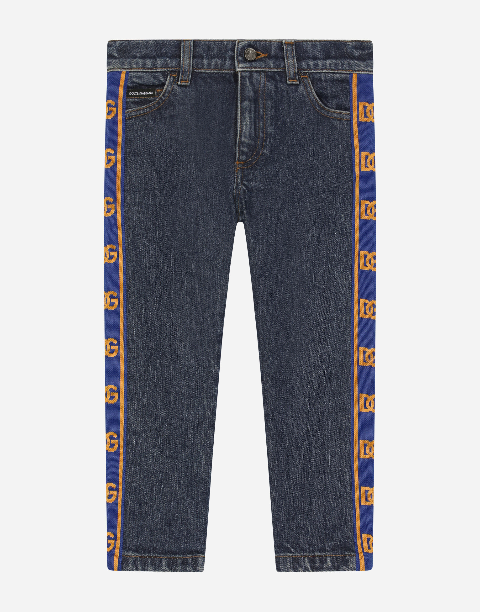 Blue jeans with yellow stripe top