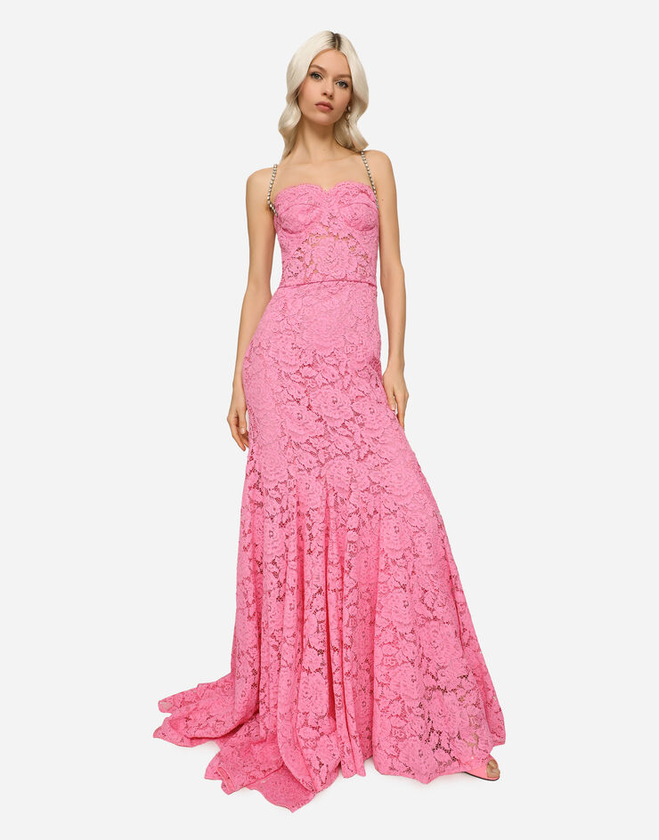 Dolce & Gabbana Long branded stretch lace dress Pink F6AVKZFLRE1