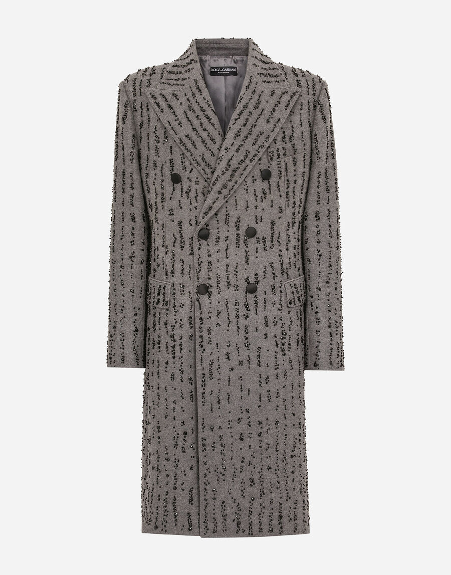 Double-breasted coat in pinstripe-effect embroidered baize