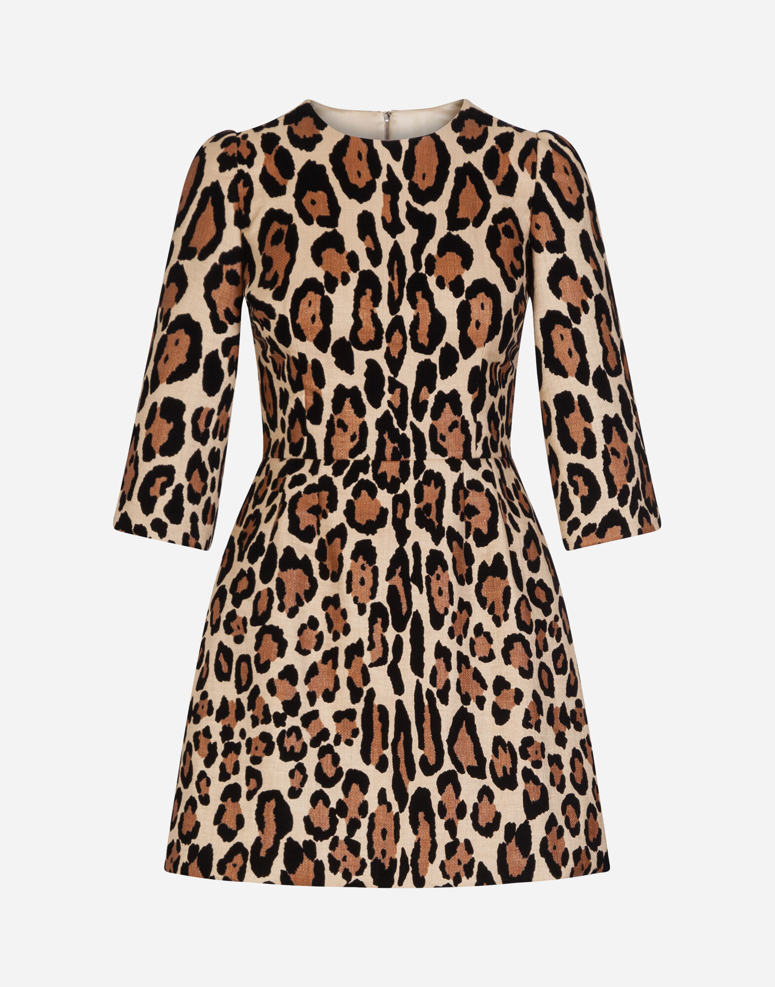SHORT DRESS IN WOVEN FABRIC WITH FLOCKED LEOPARD PRINT