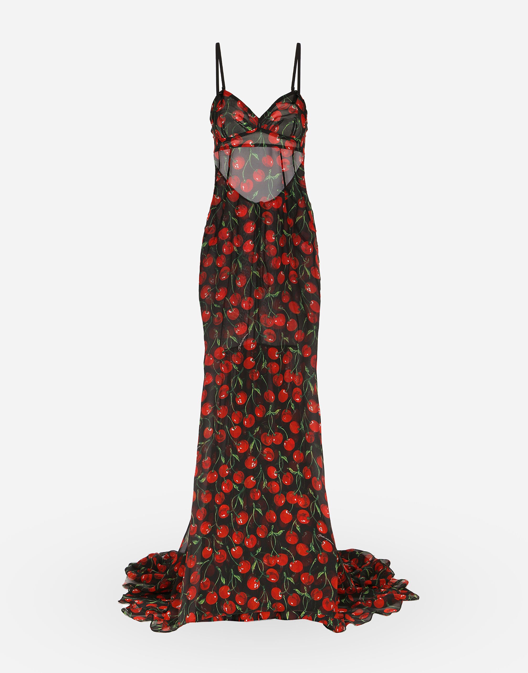 Dolce & Gabbana Vestido largo con cola de chifón con estampado de cerezas Negro F9M87LGDBVO