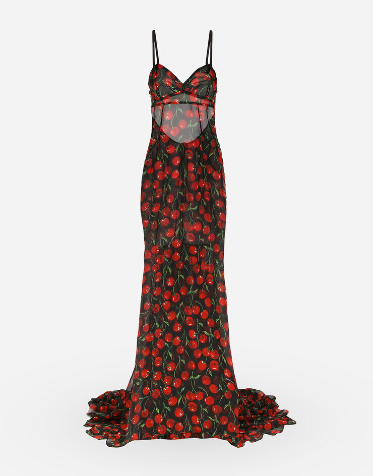 Dolce&Gabbana Langes Kleid mit Schleppe aus Chiffon Kirschenprint Mehrfarbig F6BETTIS1QA