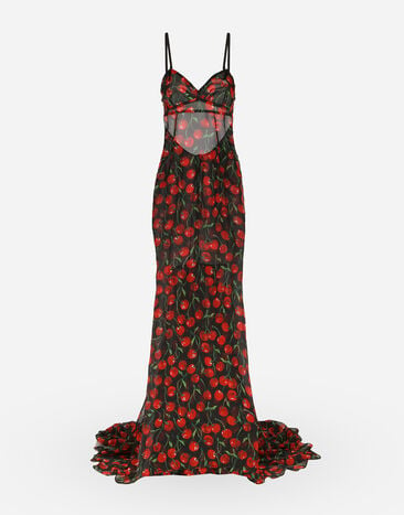 Dolce & Gabbana Long cherry-print chiffon dress with train Blue FTBYLDG8CT4