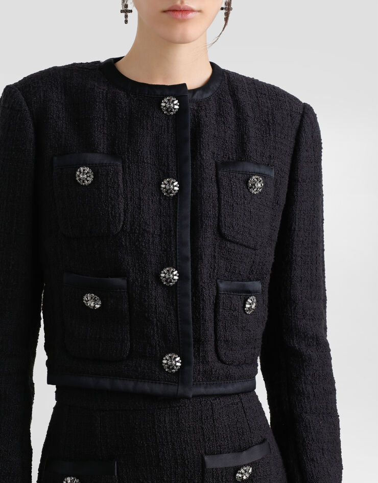 Dolce & Gabbana Cropped single-breasted raschel tweed jacket with bejeweled buttons Black F27CZZFMTAC