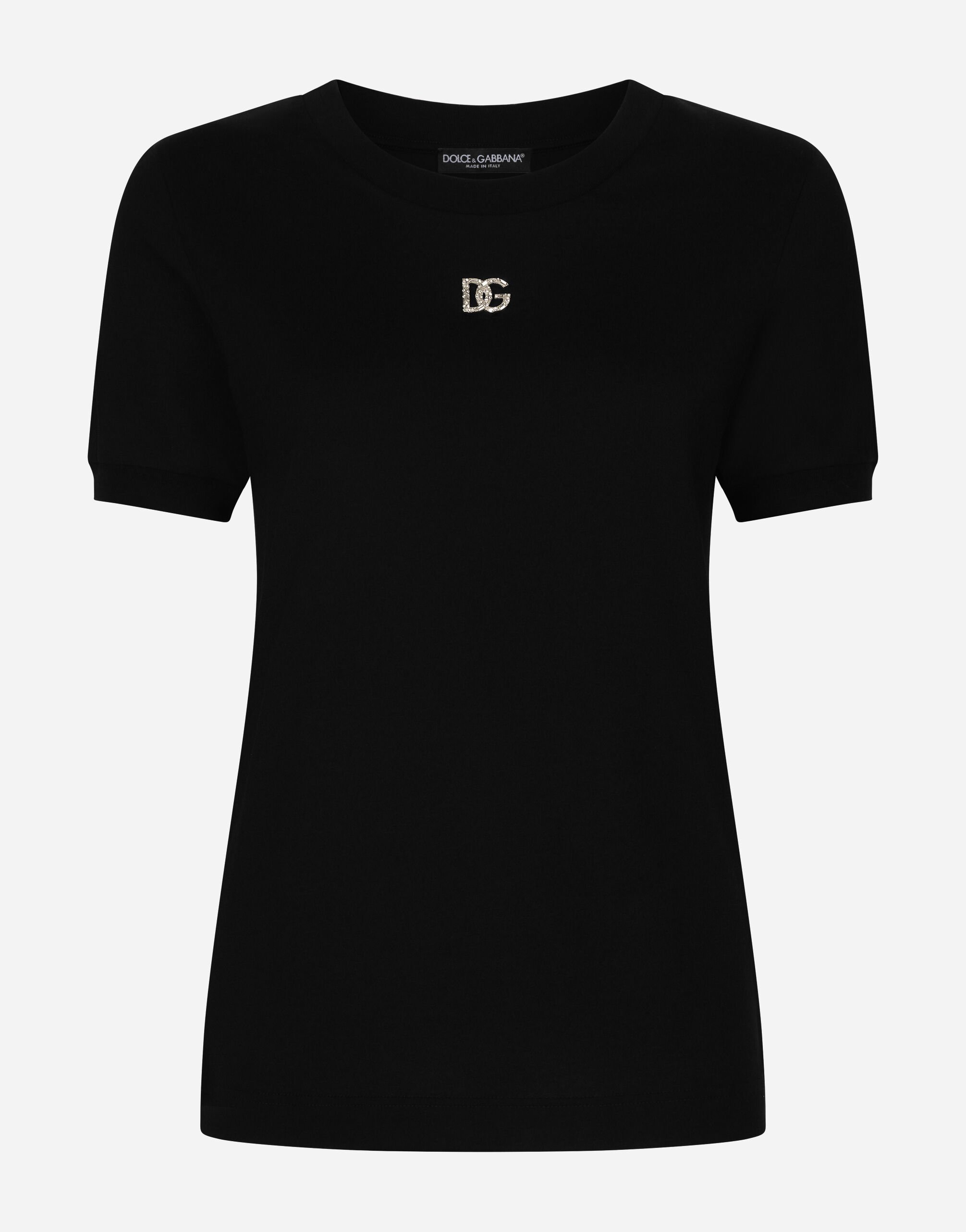 Cotton T shirt with Crystal DG logo in Black for Women Dolce Gabbana