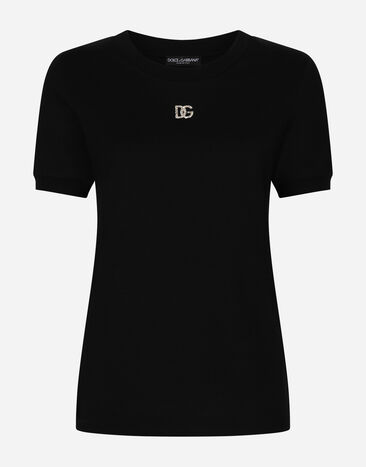 Dolce & Gabbana Cotton T-shirt with Crystal DG logo Black FXE03TJBMQ3