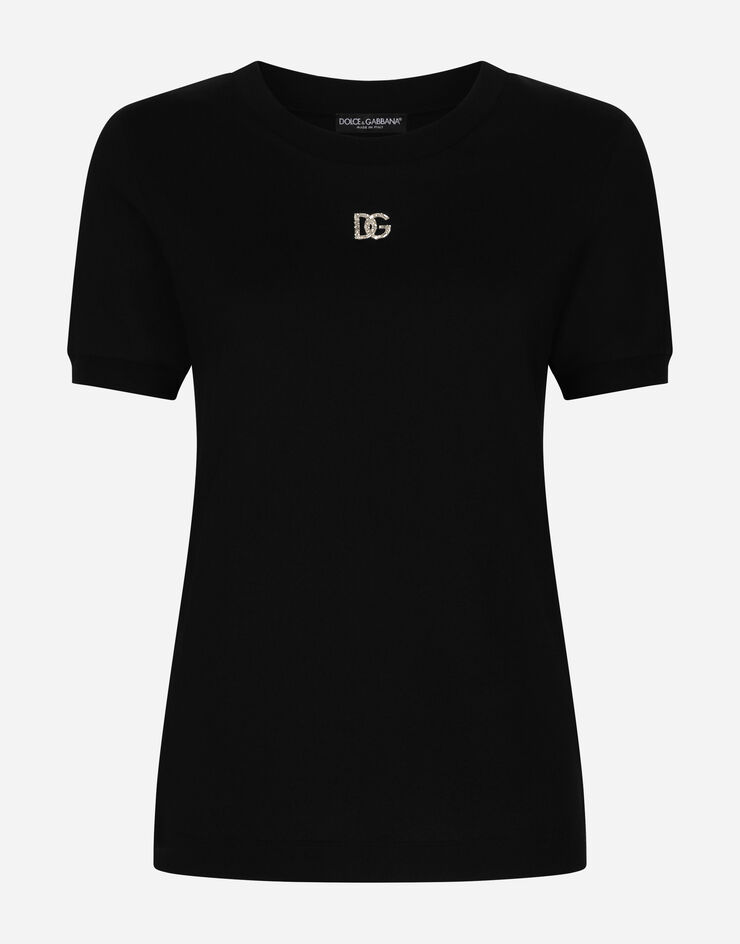 Cotton T-shirt with Crystal DG logo in Black for Women | Dolce&Gabbana®