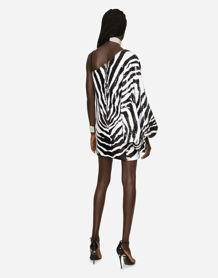 Dolce & Gabbana Short sequined one-shoulder dress with zebra print Multicolor F6AJDTFLSGH