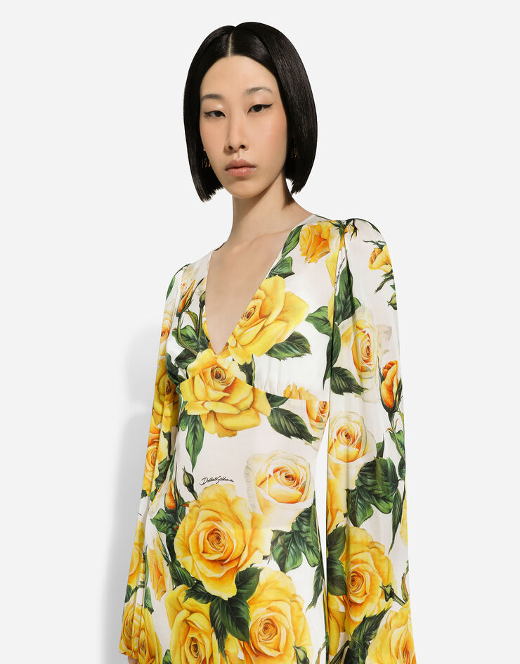 Dolce & Gabbana Vestido con escote de pico de organdí con estampado de rosas amarillas Imprima F6CQETFS8C3
