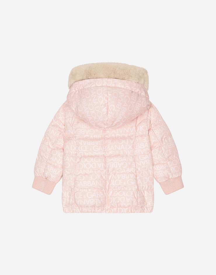 DolceGabbanaSpa Long nylon down jacket with all-over logo print Pink L2JBP0ISMFZ