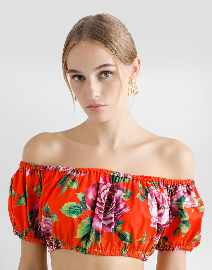 Dolce & Gabbana Top con escote Bardot de algodón con estampado de rosas Imprima F755RTHS5TI