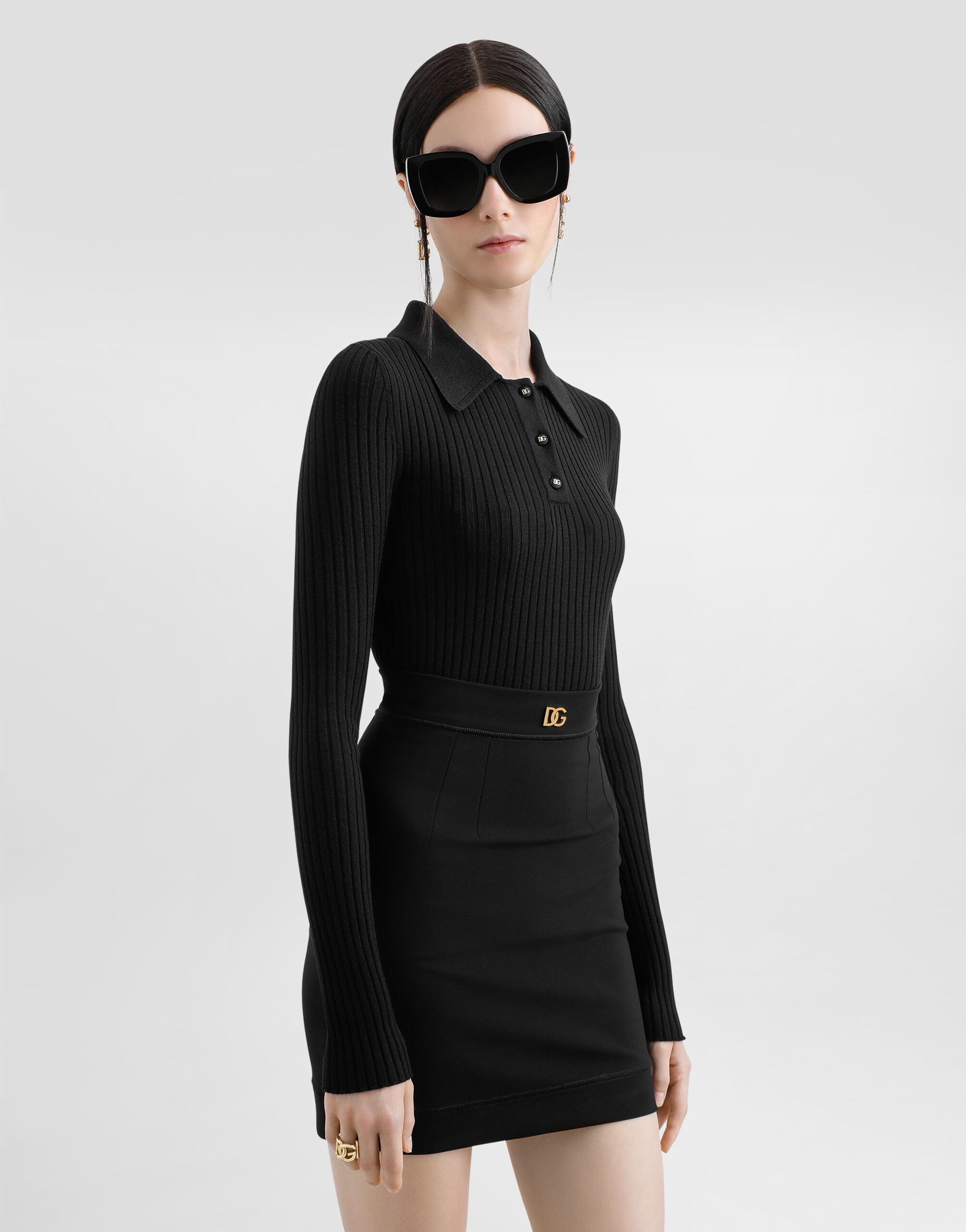 Ribbed wool polo-style sweater in Black for Women | Dolce&Gabbana®
