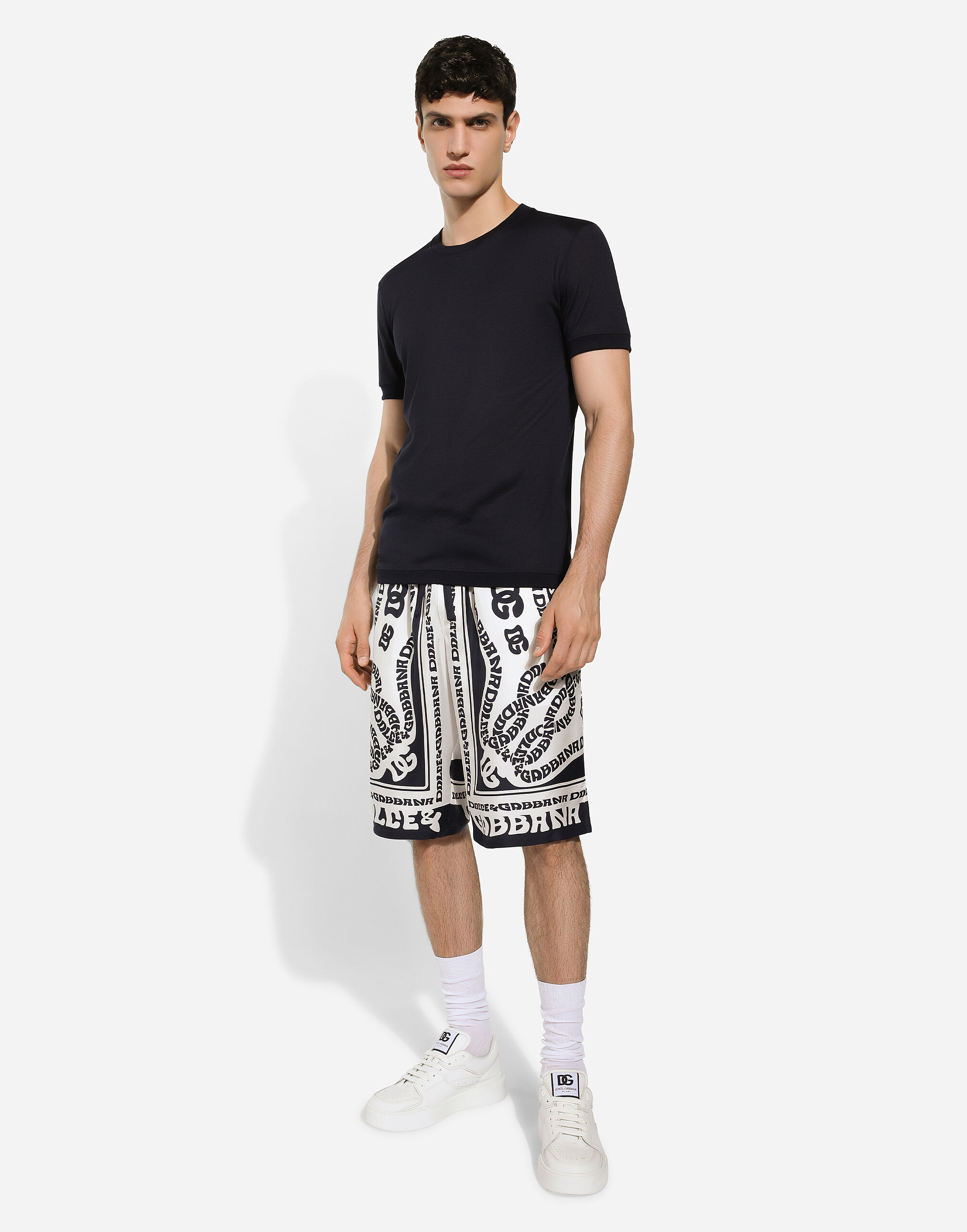 Dolce Gabbana Marina print silk twill shorts male Blue