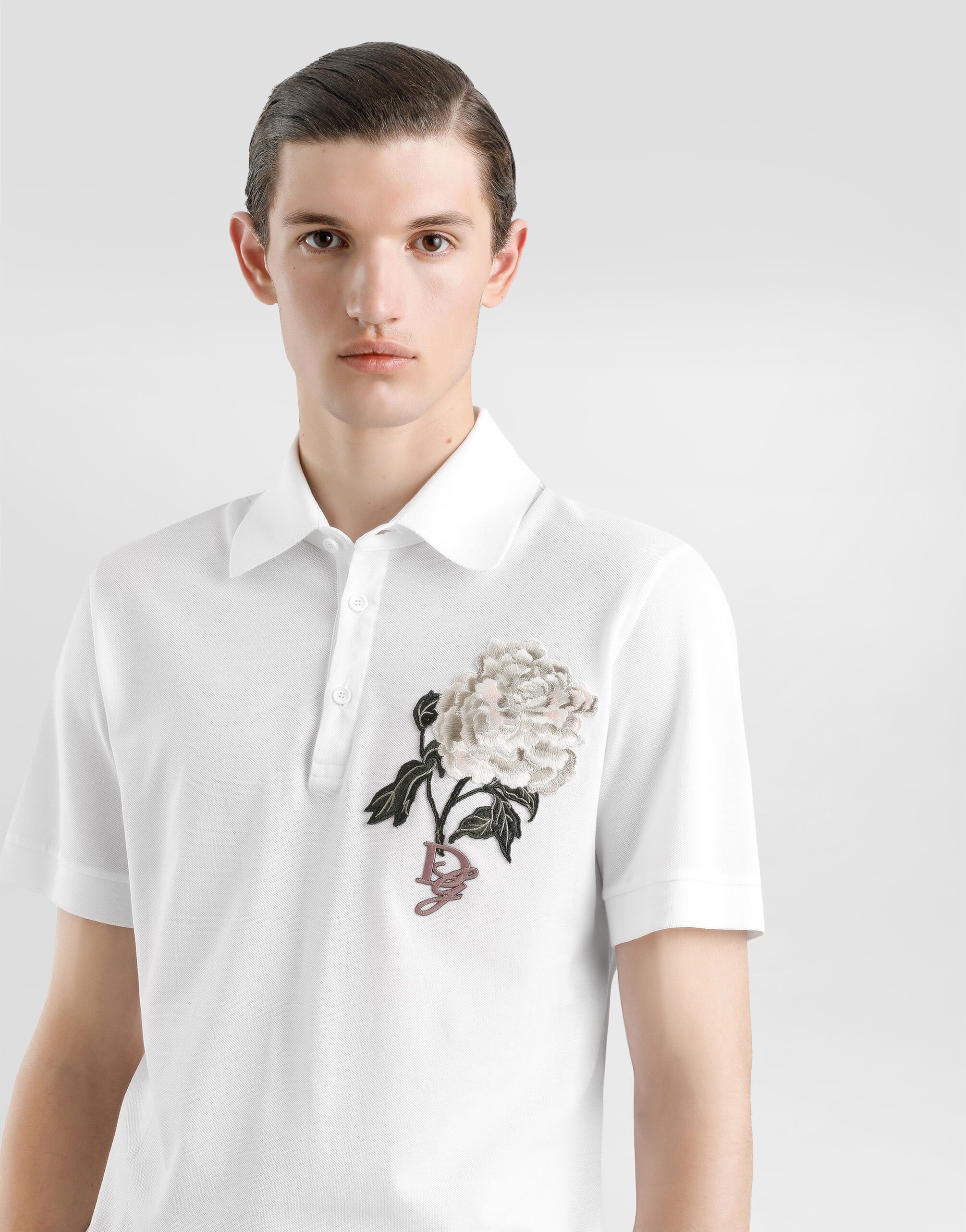 Cotton polo-shirt with floral patch in White for Men