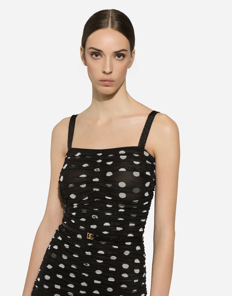 Dolce & Gabbana Tulle calf-length sheath dress with draping and polka-dot print Print F6JHXTFSRP7