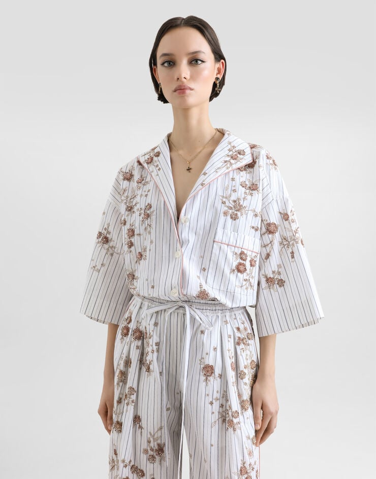 Dolce & Gabbana Poplin shirt with thread floral embroidery and rhinestones Multicolor F5U46ZGDDSA