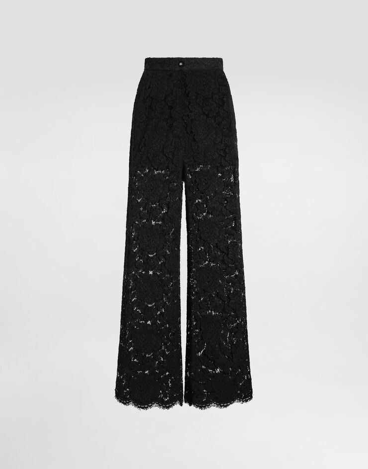 Dolce & Gabbana Ausgestellte Hose aus elastischer Spitze mit Logo Schwarz FTCPTTFLRE1