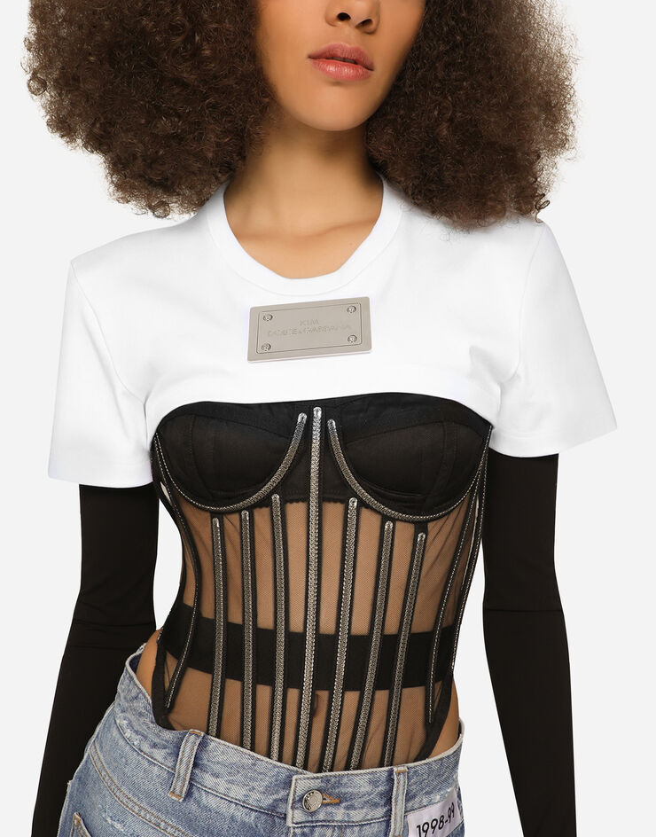 Dolce & Gabbana KIM DOLCE&GABBANA T-shirt cropped in jersey con placca “KIM Dolce&Gabbana” Bianco F8T99THU7H8