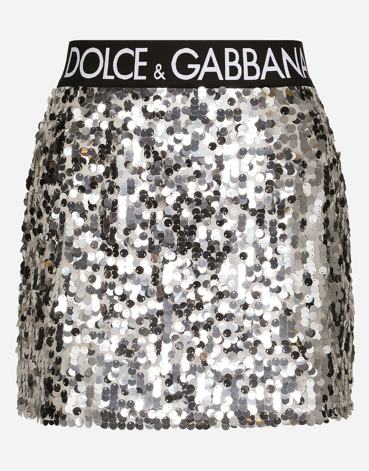 Dolce & Gabbana Minifalda de lentejuelas con logotipo en cintura elástica Plateado F4CE3TFLSA8