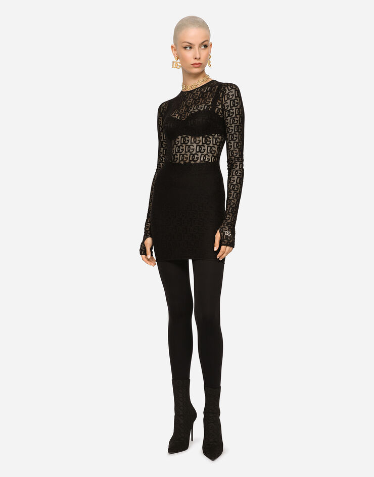 Dolce & Gabbana Short tulle dress with all-over DG logo Black F6ATTTFLEAQ