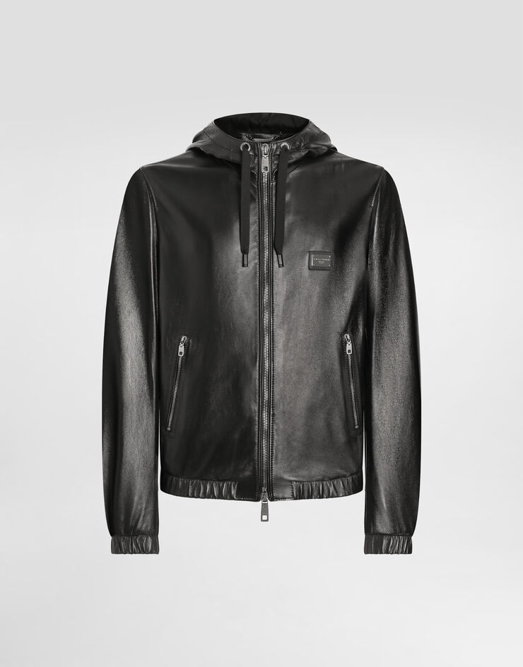 Dolce & Gabbana Leather jacket with hood and branded tag Black G9ZY6LHULR0