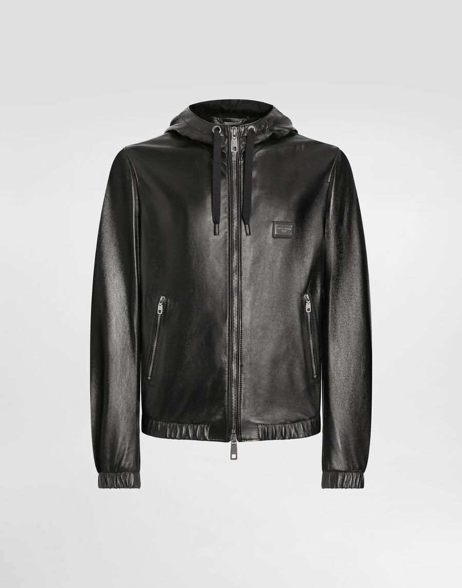 Leather jacket with hood and branded tag