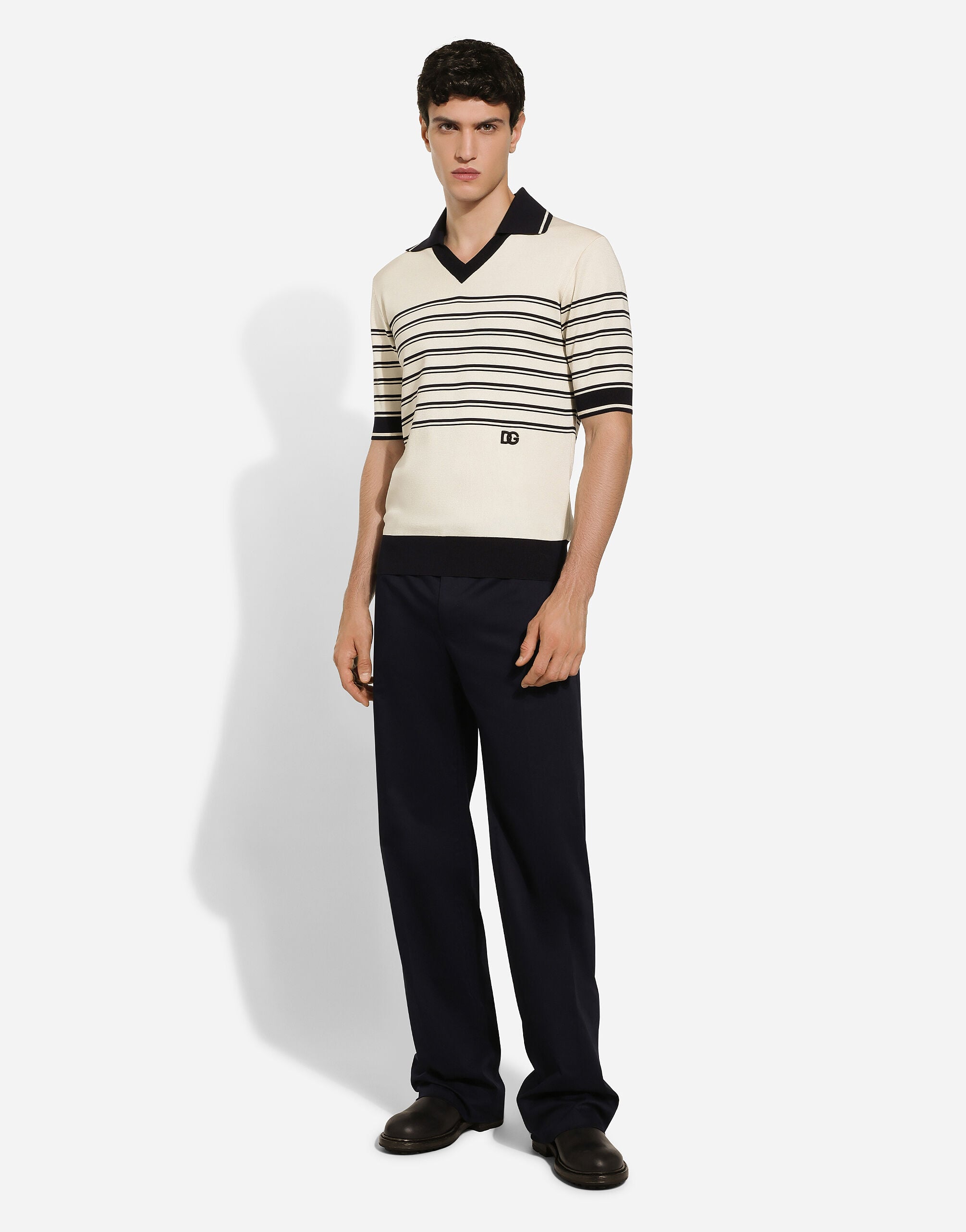 Striped silk V-neck polo-shirt with DG logo in Cream for Men