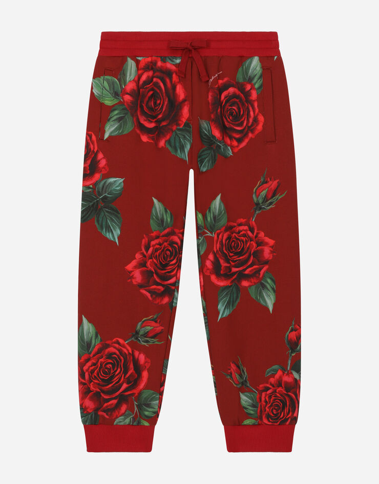 Dolce&Gabbana Jersey jogging pants with rose print Red L5JPB1HS7ME