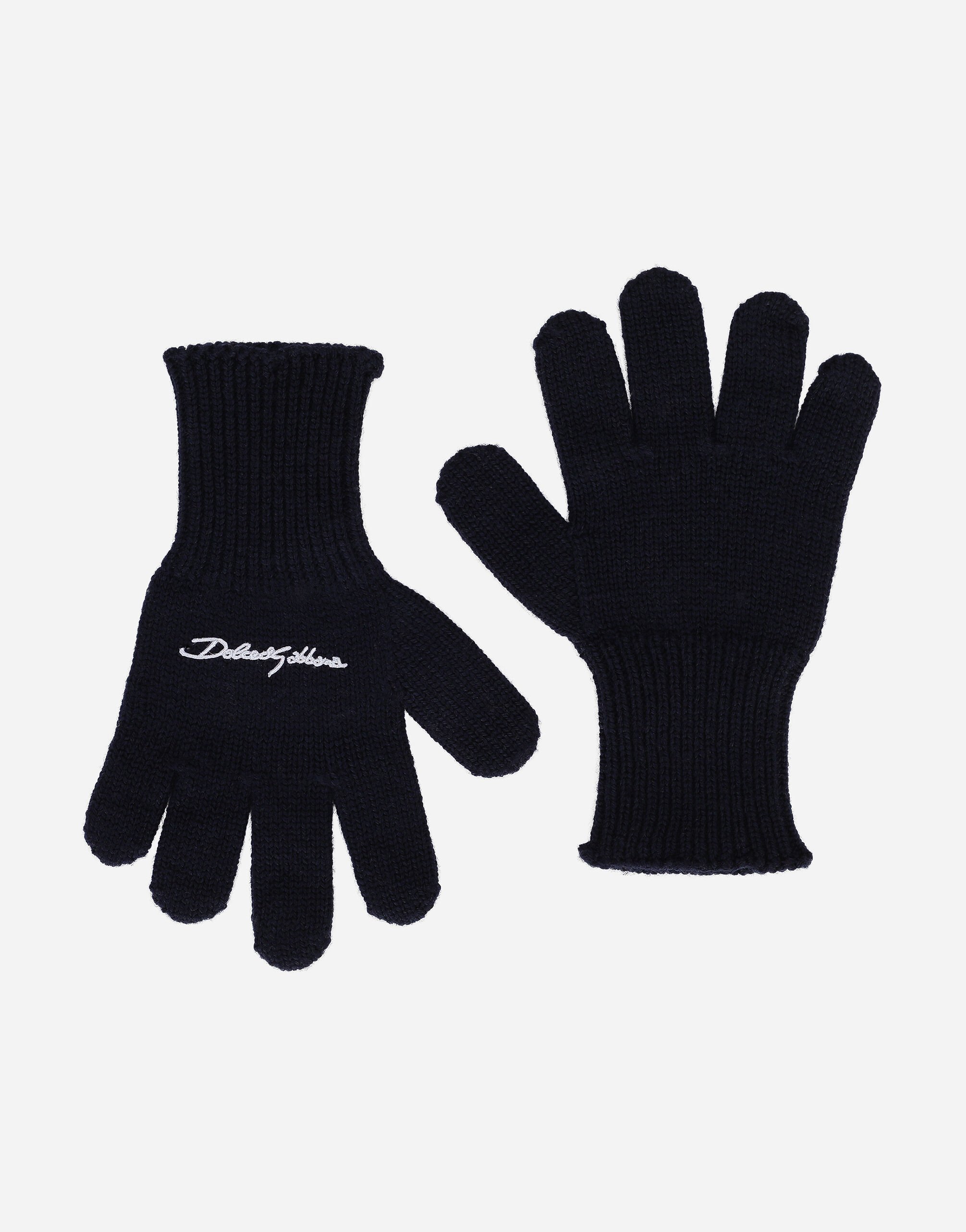 Dolce & Gabbana Ribbed knit gloves with logo embroidery Blue EM0105AA527