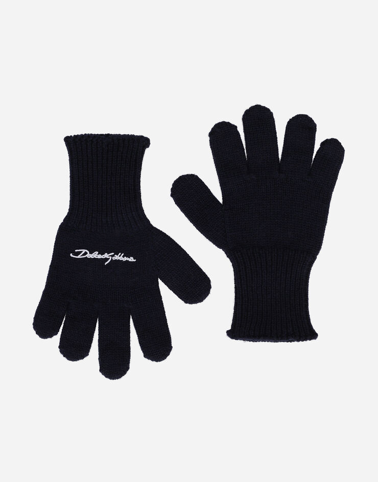 Dolce&Gabbana Ribbed knit gloves with logo embroidery Blue LBKAC7JCVF9