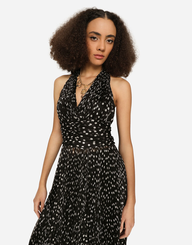 Dolce & Gabbana Long dress in polka-dot print chiffon Black F6J7XTFSMQ7
