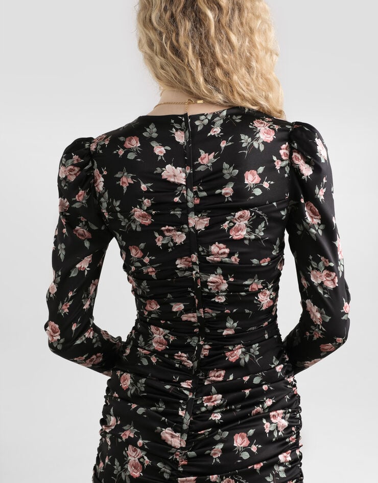 Dolce & Gabbana Drapiertes Kleid aus Satin mit Vintage-Rosen-Print Mehrfarbig F60G3TFSA8H