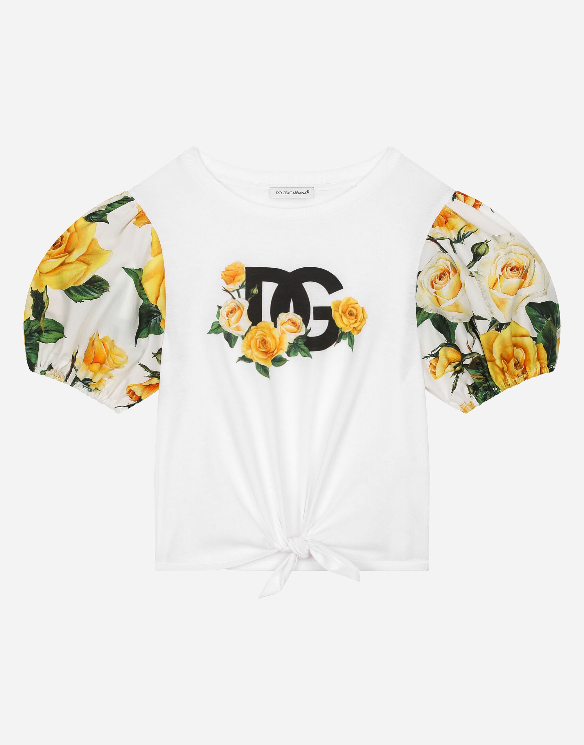Dolce & Gabbana T-Shirt aus Jersey und Popeline mit Gelbe-Rosen-Print und DG-Logo Drucken L5JTMEG7K4F