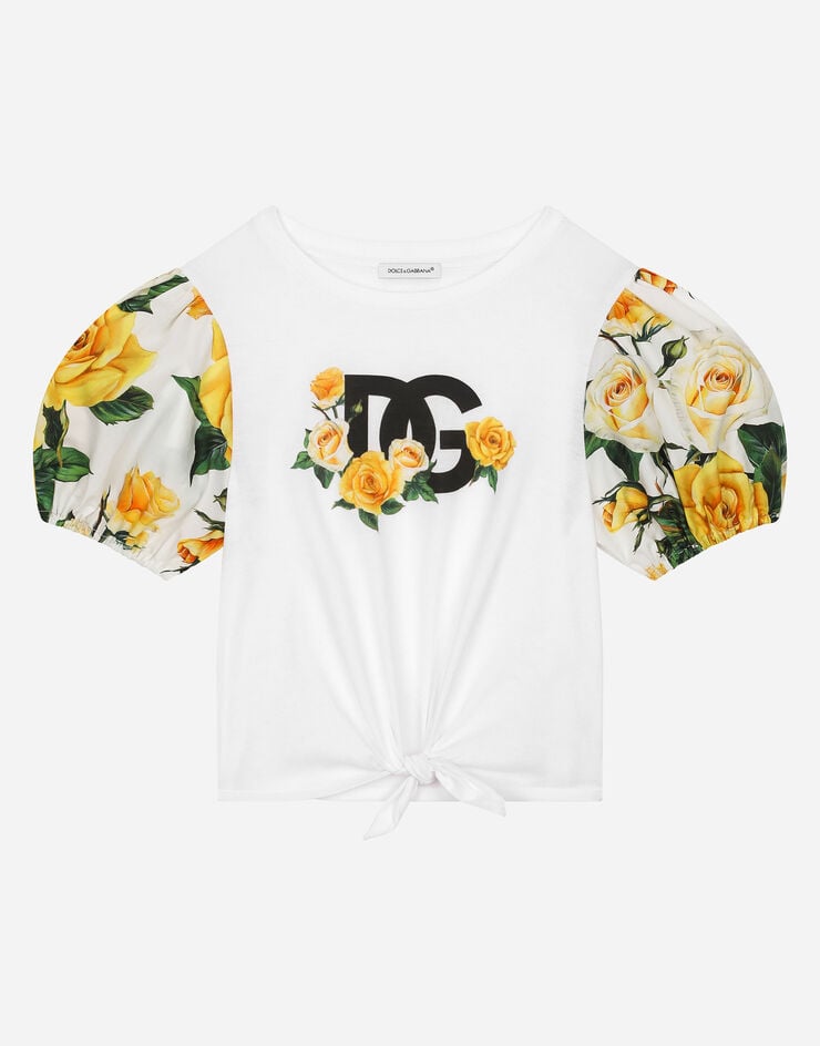 Dolce & Gabbana DG 로고 & 옐로 로즈 프린트 포플린 저지 티셔츠 인쇄 L5JTMIG7K6J