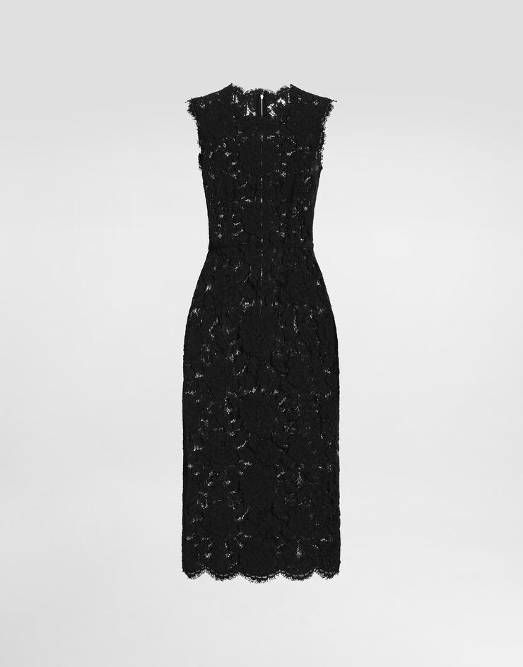 Dolce & Gabbana Longuette-Kleid aus elastischer Spitze mit Logo Schwarz F6H0ZTHLM7L