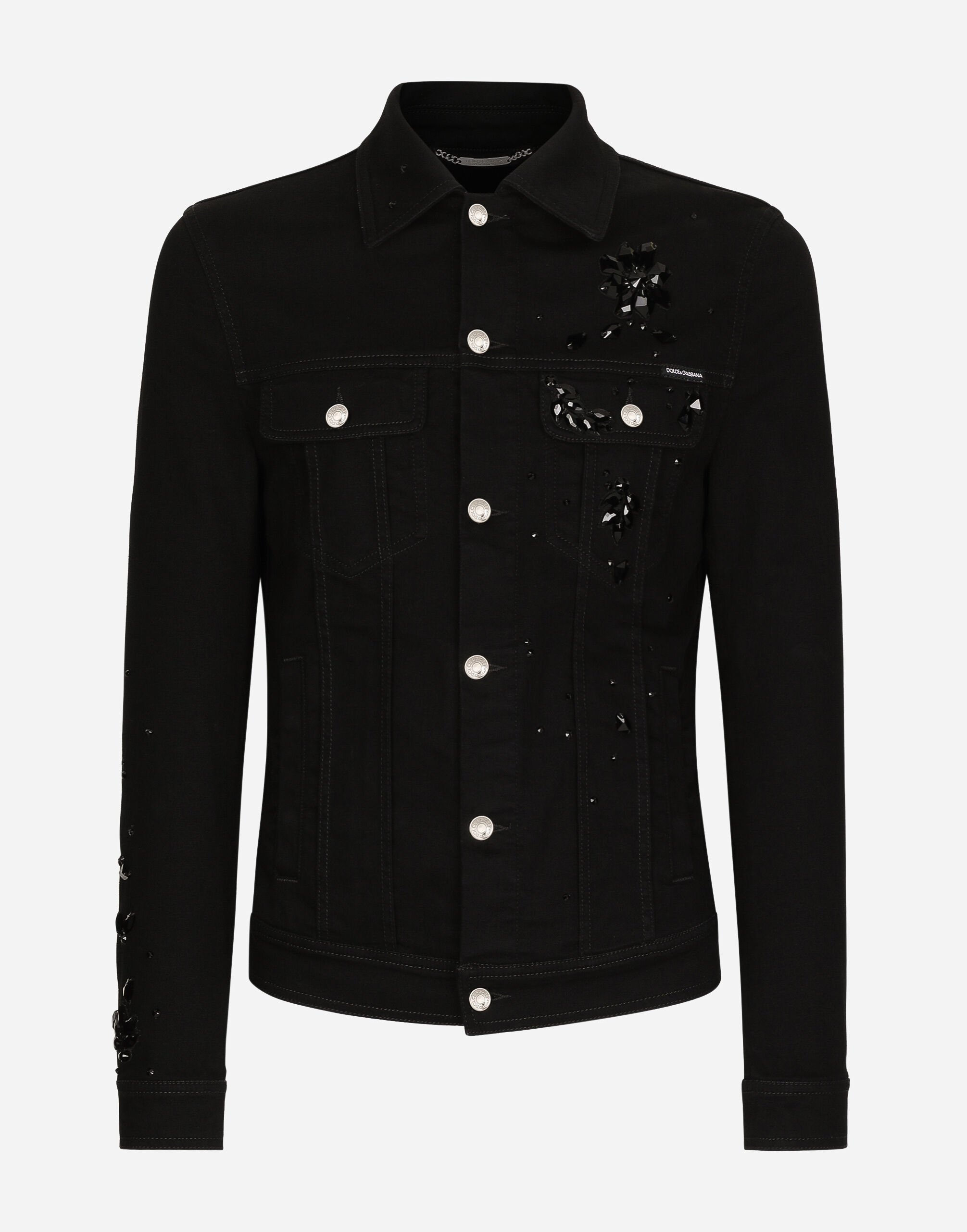 Dolce & Gabbana Stretch denim jacket with rhinestone embroidery Black GY07CDG8KN4