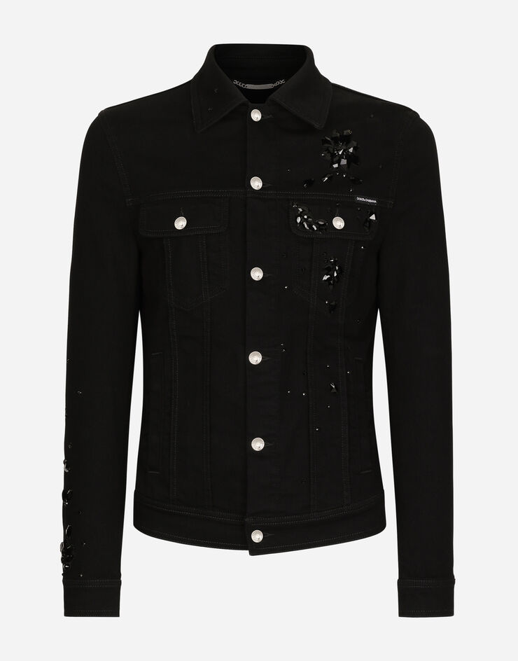 Dolce & Gabbana Stretch denim jacket with rhinestone embroidery Black G9VZ8ZG8KG8